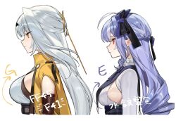 Rule 34 | 2girls, ahoge, arms at sides, arrow (symbol), braid, breast curtains, breasts, circle name, closed mouth, clothing cutout, cropped torso, drill hair, drill sidelocks, expressionless, fancy frontier 45, frills, from side, half up braid, half updo, highres, large breasts, long hair, looking ahead, low drills, medium breasts, mole, mole under eye, multiple girls, open clothes, open vest, popped collar, profile, purple hair, red eyes, shiny skin, shirt, sideboob, sideboob cutout, sidelocks, simple background, smilesmile1312, underbust, vest, vivian banshee, white background, white hair, white shirt, yellow eyes, yellow vest, yixuan (zenless zone zero), zenless zone zero