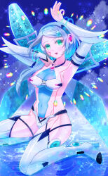 Rule 34 | 1girl, absurdres, arm up, bikini, blue eyes, blush, breasts, facial mark, full body, grey hair, headphones, highres, ico (megaman x dive), kiwakiwa, kneeling, long hair, medium breasts, mega man (series), mega man x (series), mega man x dive, ringed eyes, see-through cleavage, see-through clothes, solo, swimsuit, water, white bikini, wings