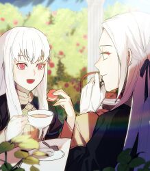 2girls blurry blurry_background bush close-up closed_mouth color_connection cup depth_of_field edelgard_von_hresvelg fire_emblem fire_emblem:_three_houses food from_behind from_side garreg_mach_monastery_uniform gloves hair_between_eyes hair_color_connection hair_ribbon happy highres holding holding_cup holding_food light_particles light_smile long_hair long_sleeves looking_at_another lysithea_von_ordelia military_uniform multiple_girls nintendo nyub_fe open_mouth outdoors parted_bangs pink_eyes plant plate purple_eyes purple_ribbon rainbow ribbon shade spoon sunlight sweets table teacup upper_body white_gloves white_hair