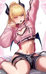 1girl absurdres black_bra black_shorts blonde_hair blue_eyes bra breasts cleavage cleavage_cutout clothing_cutout cropped_hoodie demon_girl demon_horns demon_wings heart_cutout highres hololive hood hoodie horns large_breasts long_hair navel official_alternate_costume one_eye_closed pink_hoodie shorts solo thigh_strap underwear virtual_youtuber wings xue_lian_wa_noel yuzuki_choco yuzuki_choco_(9th_costume)