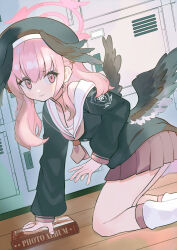 1girl alpaca_carlesi arm_support beret black_choker black_hat black_shirt black_wings blue_archive choker closed_mouth commentary english_commentary feathered_wings hat head_wings highres kneeling koharu_(blue_archive) locker long_sleeves looking_at_viewer low_wings necktie pink_eyes pink_hair pink_necktie pleated_skirt red_skirt sailor_collar school_uniform serafuku shirt skirt socks solo white_sailor_collar white_socks wings