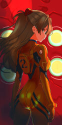 1girl ass back blue_eyes bodysuit breasts brown_hair closed_mouth curvy eva_02 hairpods highres huge_ass interface_headset_(evangelion) long_hair looking_at_viewer looking_back mecha_pilot_suit medium_breasts miruto92 neon_genesis_evangelion plugsuit_(evangelion) red_bodysuit shaded_face shiny_clothes solo souryuu_asuka_langley standing tsundere wide_hips