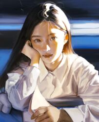 1girl 2024 asian black_hair brown_eyes closed_mouth highres long_hair looking_at_viewer notebook original solo whoisluvme