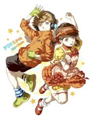 1boy 1girl amada_ken apron brown_eyes brown_hair character_name doujima_nanako fingerless_gloves full_body gloves green_gloves hand_up highres jacket jing_zhi_kaoxiang_yu_re_zhong open_mouth orange_jacket persona persona_3 persona_4 red_ribbon red_shoes ribbon shoes short_hair short_twintails smile striped_ribbon twintails