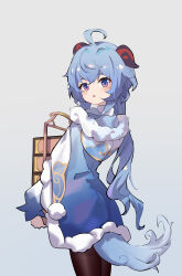1girl absurdres black_pantyhose blue_dress blue_hair blush commentary cowboy_shot dress ganyu_(young)_(genshin_impact) ganyu_(genshin_impact) ganyu_(young)_(genshin_impact) genshin_impact highres long_hair long_sleeves looking_at_viewer pantyhose parted_lips purple_eyes qixia solo standing tail very_long_hair