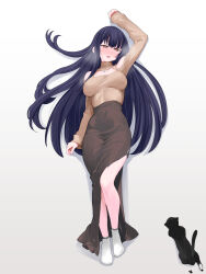 1girl arm_up bare_shoulders black_hair black_skirt blush boku_no_kokoro_no_yabai_yatsu breasts breasts_apart brown_eyes cat cleavage_cutout clothing_cutout commentary_request full_body gradient_background grey_background high-waist_skirt highres jewelry large_breasts long_hair long_skirt long_sleeves looking_at_viewer lying on_back open_mouth ribbed_sweater shoulder_cutout side_zipper skirt socks solo sweater turtleneck turtleneck_sweater unai_suken white_socks white_sweater yamada_anna zipper_skirt
