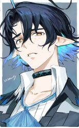 1boy 42u16 ahoge arknights black_hair blue_hair collared_shirt freckles hair_between_eyes highres infection_monitor_(arknights) looking_at_viewer lumen_(arknights) male_focus multicolored_hair orange_eyes parted_lips pointy_ears shirt signature simple_background solo upper_body white_shirt