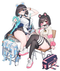 2girls absurdres animal_ear_hairband animal_ears aqua_hair black_hair black_hairband black_mask black_skirt black_survival black_thighhighs blue_eyes blue_necktie breasts cardigan cardigan_around_waist chair clothes_around_waist colored_inner_hair commentary_request crossed_legs debi_(after_school)_(black_survival) debi_(black_survival) desk eternal_return:_black_survival fake_animal_ears hairband highres korean_commentary large_breasts long_hair looking_at_viewer marlene_(after_school)_(black_survival) marlene_(black_survival) mask medium_hair mouth_mask multicolored_hair multiple_girls necktie on_chair on_desk pink_hair pink_necktie pleated_skirt red_eyes school_chair school_desk shirt simple_background sitting skirt smile streaked_hair thick_thighs thighhighs thighs white_background white_shirt yabby