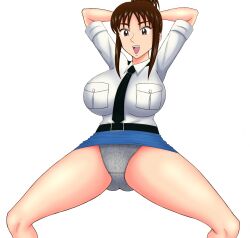 absurdres arms_behind_head ass breasts brown_eyes brown_hair giboshi_matoi hair_tied_back highres kochikame large_breasts panties skirt spread_legs thighs tie underwear upskirt