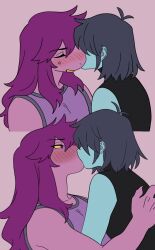 1girl 1other blue_hair blue_skin blush claws collarbone colored_sclera colored_skin deltarune furry furry_female highres kiss kris_(dark_world)_(deltarune) kris_(deltarune) kris_dreemur other_with_female purple_hair purple_skin samme_hacci simple_background susie_(dark_world)_(deltarune) susie_(deltarune) yellow_sclera