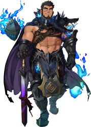 Rule 34 | 1boy, abs, armor, bara, biceps, black cape, black hair, blue fire, cape, chain, facial hair, fire, full body, gauntlets, helmet, holding, holding sword, holding weapon, leg armor, light smile, male focus, muscular, muscular male, neck armor, official art, parted lips, ponytail, sandayu (housamo), scar, scar on face, shoulder armor, solo, spiked hair, sword, tarutoru, thick eyebrows, tokyo houkago summoners, transparent background, unworn headwear, unworn helmet, weapon