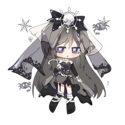 Rule 34 | 1girl, :o, a wuqi, akemi homura, alternate costume, bandaged leg, bandaged neck, bandages, bare shoulders, black boots, black bow, black hair, black skirt, black sleeves, blush stickers, boots, bow, bright pupils, bug, candy, chibi, chinese commentary, collarbone, commentary request, cross-laced clothes, cross-laced top, detached sleeves, expressionless, food, frilled shirt, frills, grey veil, hair bow, hair ornament, halloween, halloween costume, hand on own arm, highres, jitome, knee boots, lace-trimmed veil, lace trim, long hair, long skirt, long sleeves, mahou shoujo madoka magica, mahou shoujo madoka magica (anime), parted lips, purple eyes, purple shirt, see-through clothes, see-through veil, shirt, showgirl skirt, silk, simple background, skirt, skull hair ornament, solo, spider, spider web, spider web hair ornament, standing, strapless, strapless shirt, torn clothes, torn skirt, veil, very long hair, white background, white bow, white pupils, white veil