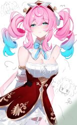2girls absurdres aglaea_(honkai:_star_rail) alternate_breast_size aqua_bow aqua_bowtie aqua_eyes aqua_hair arms_behind_back blush bow bowtie breasts cleavage dress drill_hair hat highres honkai:_star_rail honkai_(series) hyacine_(honkai:_star_rail) large_breasts multicolored_hair multiple_girls pink_hair red_dress red_hat simple_background twin_drills two-tone_hair voi_271 white_background