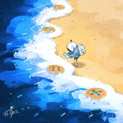 1other artist_name backpack bag beach blue_jacket buttons commentary from_above gloves helmet highres jacket kazunoko_(kazunoko_zunoco) looking_down ocean original other_focus outdoors radio_antenna sand shore signature solo space_helmet standing water white_gloves