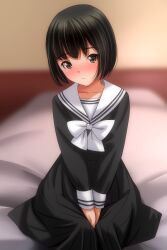 1girl bed black_hair black_shirt black_skirt blush bow bowtie brown_eyes collarbone embarrassed long_sleeves looking_at_viewer matsunaga_kouyou on_bed original school_uniform shirt short_hair sitting skirt white_bow white_bowtie