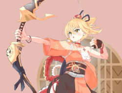 1girl bandaged_arm bandages blonde_hair bow_(weapon) breasts butterfly_choker cakuiti chest_sarashi chest_tattoo choker commentary_request cowboy_shot drawing_bow earrings fingerless_gloves flower_tattoo genshin_impact gloves hadanugi_dousa hair_between_eyes hair_ornament hamayumi_(genshin_impact) highres holding holding_bow_(weapon) holding_weapon japanese_clothes jewelry kimono long_hair medium_breasts nail_polish obi obiage obijime open_kimono open_mouth orange_kimono pink_background pink_nails ponytail pyro_symbol_(genshin_impact) red_choker sarashi sash short_sleeves single_bare_shoulder single_fingerless_glove single_glove solo stud_earrings tattoo vision_(genshin_impact) weapon yellow_eyes yoimiya_(genshin_impact)