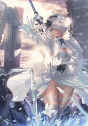 1girl 2b_(nier:automata) arm_up blue_eyes boots breasts cameltoe cleavage cleavage_cutout clothing_cutout cloud cloudy_sky commentary_request copyright_name dress feather_trim feathers flower gloves hair_ornament hairband highres holding juliet_sleeves lips long_sleeves maeshima_shigeki medium_breasts mole mole_under_mouth nier:automata nier_(series) outdoors panties parted_lips puffy_sleeves revision short_hair sky solo sword thigh_boots thighhighs turtleneck underwear weapon weapon_on_back white_dress white_hair white_thighhighs