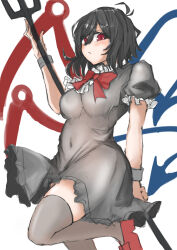 Rule 34 | 1girl, absurdres, asymmetrical wings, black dress, black hair, black thighhighs, blue wings, bow, bowtie, center frills, dress, frills, highres, houjuu nue, kuraki, polearm, red bow, red bowtie, red eyes, red wings, simple background, solo, thighhighs, touhou, trident, undefined fantastic object, weapon, white background, wings