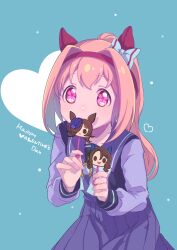 1girl absurdres animal_ears blue_background bow closed_mouth commentary_request ear_bow flower-shaped_pupils grey_bow hair_intakes hairband happy_valentine haru_urara_(umamusume) heart highres holding horse_ears king_halo_(umamusume) long_hair long_sleeves looking_at_viewer moko39_takasora pink_hair pleated_skirt ponytail puffy_long_sleeves puffy_sleeves purple_eyes purple_shirt purple_skirt red_hairband rice_shower_(umamusume) school_uniform shirt simple_background skirt solo symbol-shaped_pupils tracen_school_uniform umamusume valentine very_long_hair
