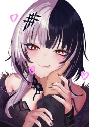 1girl 1other :p absurdres akamiya_mumu black_choker black_coat black_dress black_hair black_nails choker closed_mouth coat commentary dress english_commentary fur-trimmed_coat fur_trim grey_hair heart highres hololive hololive_english looking_at_viewer multicolored_hair nail_polish pov shiori_novella shiori_novella_(1st_costume) simple_background smile split-color_hair tongue tongue_out two-tone_hair virtual_youtuber white_background yellow_eyes