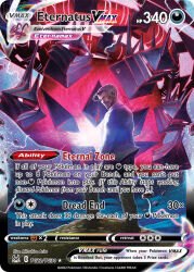 1boy arita_mitsuhiro artist_name black_hair card_(medium) character_name closed_mouth company_name copyright_name copyright_notice crackling_energy dark-skinned_male dark_skin debris earrings english_text eternatus eternatus_(eternamax) facial_hair full_body gen_8_pokemon glowing jewelry legendary_pokemon looking_back nintendo official_art pants pokemon pokemon_(creature) pokemon_card pokemon_swsh pokemon_tcg rose_(pokemon) short_hair spoilers standing third-party_source trading_card undercut