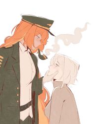 Rule 34 | 2girls, brown sweater, faust (project moon), grabbing another&#039;s chin, green hat, green jacket, hand on another&#039;s chin, hat, highres, ishmael (project moon), jacket, l0yoke, lapels, limbus company, long hair, long sleeves, multiple girls, notched lapels, orange hair, pequod (identity) (project moon), project moon, short hair, sidelocks, simple background, smoke, smoking, smoking pipe, sweater, very long hair, white background, white hair, yuri