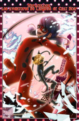1boy 1girl animal_ears black_bodysuit black_mask blonde_hair blue_eyes blue_hair bodysuit cat_ears chat_noir dynamic_pose eiffel_tower english_text green_eyes highres kamikita_futago ladybug_(character) looking_at_viewer mask miraculous_ladybug open_mouth polka_dot smile superhero_costume twintails