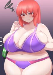 1girl arm_under_breasts blush bra bra_pull breast_lift breasts cleavage clothes_pull commission fat fat_woman huge_breasts lips long_hair looking_down magure_senshi navel original panties pink_hair plump purple_bra purple_panties red_eyes skeb_commission solo sweat thick_thighs thighs underwear wide_hips
