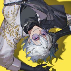 Rule 34 | 1boy, arms up, black gloves, black shirt, blue eyes, chain, chain necklace, choker, collared shirt, commentary, crossed bangs, gloves, grey choker, grey hair, grin, hair between eyes, jewelry, kaelix debonair, kaohom503, long sleeves, looking at viewer, male focus, multicolored hair, necklace, nijisanji, nijisanji en, parted lips, purple-tinted eyewear, round eyewear, shadow, shirt, short hair, simple background, smile, solo, sunglasses, symbol-only commentary, tinted eyewear, turtleneck, upper body, upside-down, virtual youtuber, white hair, white shirt, yellow background