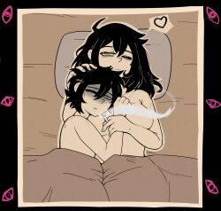 1boy 1girl aftersex andrew_graves bite_mark black_hair breasts cigarette cpt-pop green_eyes hand_on_another&#039;s_head heart highres holding holding_cigarette incest long_hair lying mother_and_son nude on_back one_eye_closed renee_graves smoke the_coffin_of_andy_and_leyley