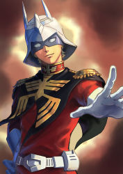 1boy absurdres belt blonde_hair cape casval_rem_deikun char_aznable collared_shirt cowboy_shot epaulettes gloves goggles gradient_background gundam hand_on_own_hip helmet highres jacket military military_uniform mobile_suit_gundam pants red_background red_jacket red_pants red_uniform shirt solo white_gloves yayokichi3 zeon