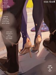 1boy 1girl asymmetrical_legwear black_pants english_text genshin_impact hat hetero high_heels implied_sex lower_body mirai_hikari mismatched_legwear mona_(genshin_impact) pants pantyhose trembling unworn_hat unworn_headwear witch_hat