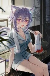1girl absurdres animal_ear_fluff animal_ears breasts cat_ears cat_girl cat_tail cleavage food fruit hair_between_eyes highres hololive kawachi_rin medium_breasts nekomata_okayu open_mouth purple_eyes purple_hair shorts solo tail towel towel_around_neck veranda virtual_youtuber watermelon watermelon_slice