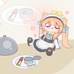 1girl absurdres animal_ears apron bell black_dress black_slippers blue_archive blue_ribbon blunt_bangs can canned_food chibi ciao_churu closed_eyes commentary_request dress english_text food food_on_face hair_bell hair_ornament hair_ribbon halo highres horuhara korean_commentary long_sleeves maid_headdress mari_(blue_archive) neck_bell neck_ribbon open_can open_mouth orange_hair paw_print pet_food plate puffy_long_sleeves puffy_sleeves ribbon sitting sleeves_past_wrists slippers solo twintails white_apron yellow_halo