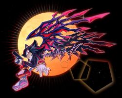 1boy black_fur black_wings body_fur finger_on_trigger full_body gun holding holding_gun holding_weapon judgedarts male_focus red_eyes red_fur shadow_the_hedgehog solo sonic_(series) sonic_generations sonic_x_shadow_generations weapon wings