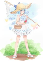 1girl absurdres alternate_costume basket blue_bow blue_eyes blue_hair blush bob_cut bow breasts bug butterfly butterfly_net cirno commentary_request double-parted_bangs food frills full_body hair_bow hand_net hand_up hat high_heel_sandals high_heels highres holding holding_butterfly_net holding_food holding_popsicle ice ice_wings insect legs_apart light_smile littiecy looking_at_viewer outdoors popsicle sandals short_hair sideboob simple_background solo split_mouth standing sun_hat toenails toes touhou watermelon_bar white_background wings
