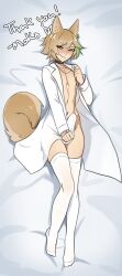 Rule 34 | 1boy, animal ears, blush, brown hair, bulge, collarbone, commission, dog boy, dog ears, dog tail, erection, erection under clothes, full body, highres, indie virtual youtuber, linea alba, male focus, mokotoko9, navel, original, shirt, short hair, smile, solo, tail, thank you, thighhighs, toned, toned male, white shirt, white thighhighs