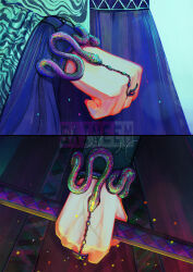 1boy 1girl aqua_background artist_name black_background bracelet bracer chinese_clothes clenched_hand close-up colorful commentary english_commentary green_hanfu hand_focus hanfu holding holding_sword holding_weapon jewelry jiang_cheng light_particles modao_zushi mother_and_son purple_hanfu purple_robe ring robe saineem snake_bracelet split_theme sword symbolism underlighting watermark weapon weapon_focus whip yu_ziyuan