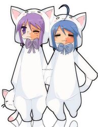 Rule 34 | 2girls, animal costume, animal ears, artist name, blue bow, blue hair, blush, bow, cat, cat costume, cat ears, cat tail, closed eyes, frown, highres, hiiragi kagami, holding hands, izumi konata, lucky star, multiple girls, nyamou, one eye closed, purple bow, purple eyes, purple hair, reflective floor, smile, sweat, tail, thea (w alladoo), white background