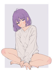 1girl absurdres barefoot blush bob_cut border bright_pupils commentary_request expressionless flat_color full_body grey_background highres indian_style kuroki_yuushin long_sleeves looking_at_viewer original outside_border purple_eyes purple_hair shirt short_hair simple_background sitting solo white_border white_shirt