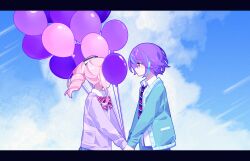 Rule 34 | 1boy, 1other, akiyama mizuki, aqua cardigan, balloon, black bow, blue hair, blue necktie, blue pants, blue skirt, blue sky, bow, bowtie, cardigan, chinese commentary, closed mouth, cloud, collared shirt, commentary request, covered face, cumulonimbus cloud, day, diagonal-striped bow, diagonal-striped bowtie, diagonal-striped clothes, diagonal-striped necktie, face-to-face, from side, hair bow, high side ponytail, highres, holding hands, kamishiro rui, kamiyama high school uniform (project sekai), laylayhappy, letterboxed, long hair, long sleeves, looking at another, multicolored hair, necktie, open cardigan, open clothes, outdoors, pants, pink hair, plaid clothes, plaid skirt, profile, project sekai, puffy long sleeves, puffy sleeves, purple cardigan, purple hair, red bow, red bowtie, red necktie, school uniform, shirt, short hair, side ponytail, sidelocks, skirt, sky, smile, streaked hair, striped clothes, two-tone hair, upper body, white shirt, yellow eyes