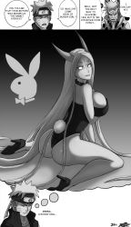 breast_rest breasts rabbit_tail byakugan high_heels highres imagining long_hair looking_back monochrome naruto_(series) naruto_shippuuden oddmachine ootsutsuki_kaguya playboy_bunny reit smile tail thinking uzumaki_naruto very_long_hair