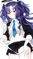 bad_id bad_twitter_id black_halo black_jacket black_skirt blue_archive blue_necktie blush clothes_lift collared_shirt hair_ornament halo hand_on_own_thigh highres jacket long_hair looking_down measuring midriff miniskirt navel necktie panties parted_bangs purple_eyes purple_hair red_pupils shirt skirt sleeves_rolled_up sotsunaku speech_bubble sweat sweatdrop tape_measure thick_thighs thigh_measuring thighs thought_bubble triangle_hair_ornament twintails underwear white_panties yuuka_(blue_archive)