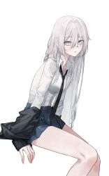 1girl absurdres black_cardigan black_necktie blue_eyes blue_skirt cardigan collared_shirt highres long_hair necktie off_shoulder open_cardigan open_clothes original parted_lips shirt simple_background skirt solo soya_(torga) white_background white_hair white_shirt