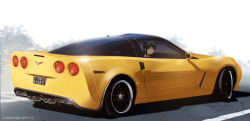 1girl artist_name black_hair car chevrolet chevrolet_corvette chevrolet_corvette_c6 commentary dated dead-robot english_commentary from_behind green_eyes license_plate looking_at_viewer mixed-language_commentary motor_vehicle original outdoors road short_hair solo sports_car twitter_username vehicle_focus watermark yellow_car