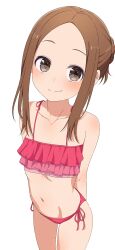 1girl absurdres arms_behind_back bikini breasts brown_eyes brown_hair closed_mouth collarbone commentary frilled_bikini frills highres karakai_jouzu_no_takagi-san looking_at_viewer na-suke navel red_bikini side-tie_bikini_bottom sidelocks simple_background small_breasts smile solo spaghetti_strap stomach swimsuit takagi-san thighs variant_set white_background