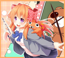10s 1boy 1girl antenna_hair black_eyes black_hair bow brown_hair brush crossover gekkan_shoujo_nozaki-kun gen_1_pokemon hair_bow hair_ribbon highres holding long_hair looking_at_viewer nintendo nozaki_umetarou paras pleated_skirt pokemon pokemon_(creature) polka_dot purple_eyes ribbon sakura_chiyo school_uniform skirt tanuki wakagi_repa