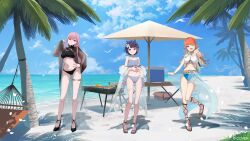 3girls ;d absurdres beach bikini black_bikini black_shoes blue_bikini blue_sailor_collar blue_sky blunt_bangs breasts closed_mouth cloud commentary_request company_name cooler copyright_notice day english_text feathers feet flower frilled_bikini frills full_body gradient_hair green_feathers green_hair grey_bikini grey_eyes grill hair_flaps hair_flower hair_ornament hand_on_own_hip hand_up high_heels highres hololive hololive_english holomyth holonatsu_paradise horizon jewelry large_breasts long_hair looking_at_viewer mismatched_bikini mori_calliope mori_calliope_(holonatsu_paradise) multicolored_hair multiple_girls ninomae_ina&#039;nis ninomae_ina&#039;nis_(holonatsu_paradise) ocean off_shoulder official_alternate_costume official_alternate_hairstyle official_art ogura_tubuan one_eye_closed open_mouth orange_hair outdoors outstretched_arm own_hands_together palm_tree pink_hair pointy_ears purple_eyes purple_hair reaching reaching_towards_viewer red_eyes sailor_collar sandals sarong second-party_source see-through_clothes see-through_sarong shoes short_hair sidelocks sky smile steepled_fingers straight_hair swimsuit swimsuit_cover-up takanashi_kiara takanashi_kiara_(holonatsu_paradise) thigh_strap thighlet toes tree virtual_youtuber white_bikini