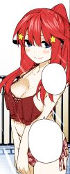 1girl absurdres bare_shoulders bikini blue_eyes blush breasts breasts_squeezed_together cleavage closed_mouth collarbone colorized dot_nose female_focus go-toubun_no_hanayome hair_ornament haruba_negi highres large_breasts long_image looking_at_viewer manga_page midriff nakano_itsuki navel official_art ponytail red_bikini red_hair sleeveless smile solo solo_focus star_(symbol) star_hair_ornament stitched stomach swimsuit textless_version third-party_edit