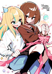 Rule 34 | 2girls, absurdres, aqua eyes, black socks, blonde hair, blue pants, bound, bound wrists, bow, brown hair, brown neckerchief, brown sailor collar, brown shirt, chinese commentary, commentary request, dated, happy birthday, hat, highres, kneehighs, kouzuki mahiru, long hair, long sleeves, multicolored hair, multiple girls, neckerchief, open mouth, pants, party hat, pink bow, red eyes, sailor collar, shirt, short hair, socks, streaked hair, white shirt, yamanouchi kano, yoru no kurage wa oyogenai, yuri, zhanzhangzlw